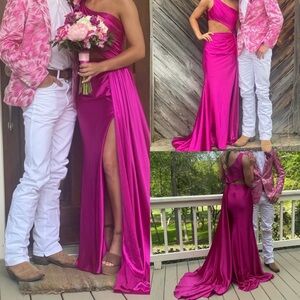 Sherri Hill Fuchsia Satin One-Shoulder Evening Gown